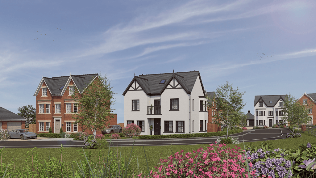 A CGI with the first two homes released at Beeston Park in the forefront. The Bodmin (on the left) and The Wick (in the centre) are surrounded by the lush landscaped gardens. In the background more homes can be seen down the road.